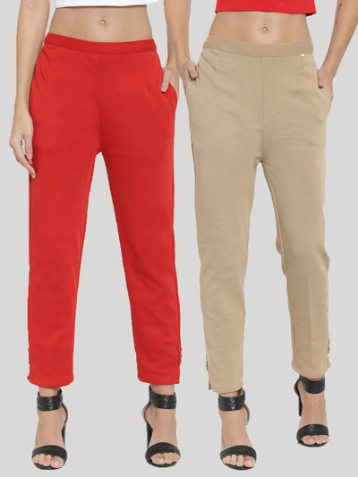 Red & Light Fawn Solid Woolen Trouser Pack for women, featuring comfortable winter fit.