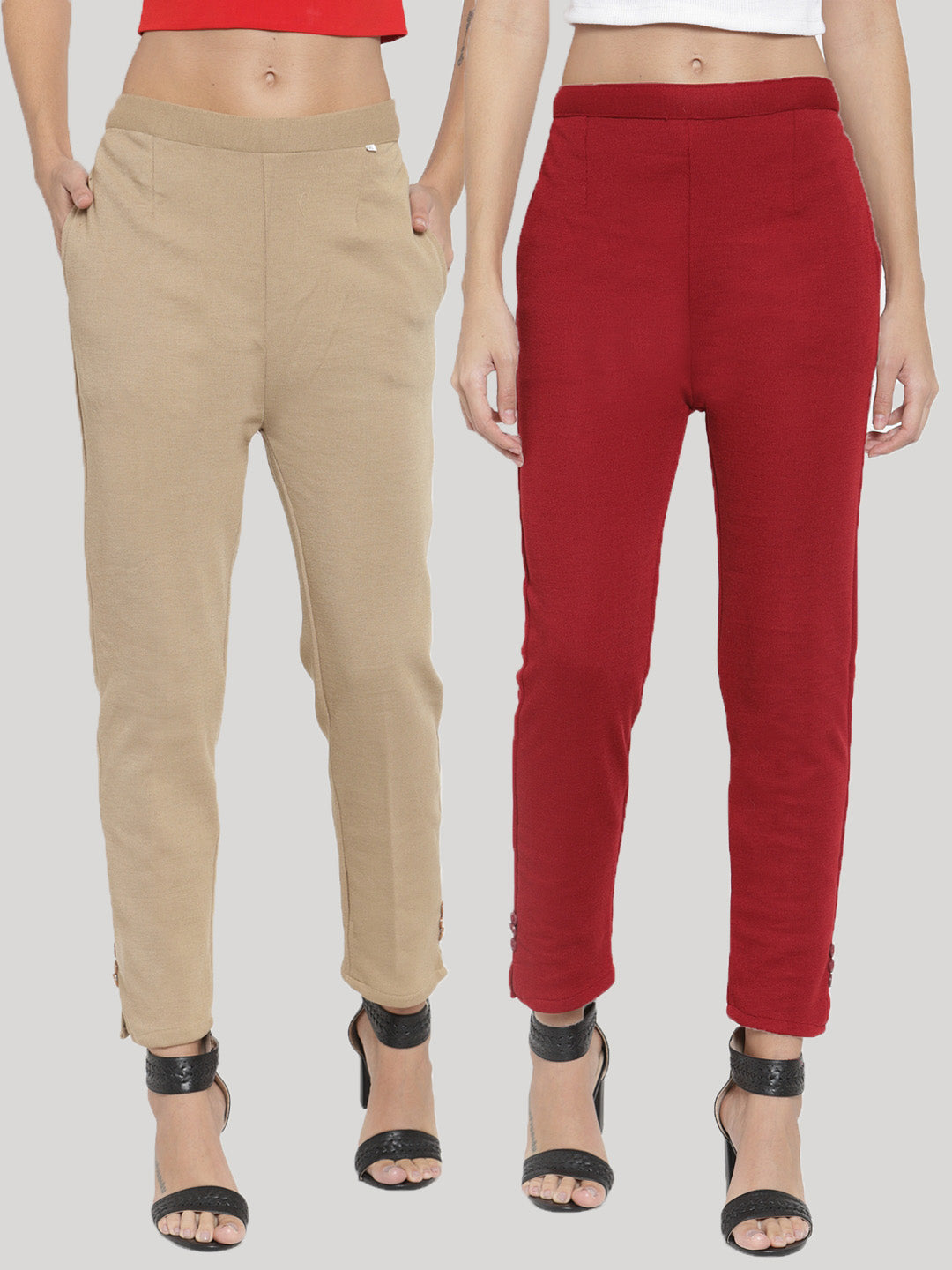 Clora Light Fawn & Maroon Solid Woolen Trouser (Pack of 2)