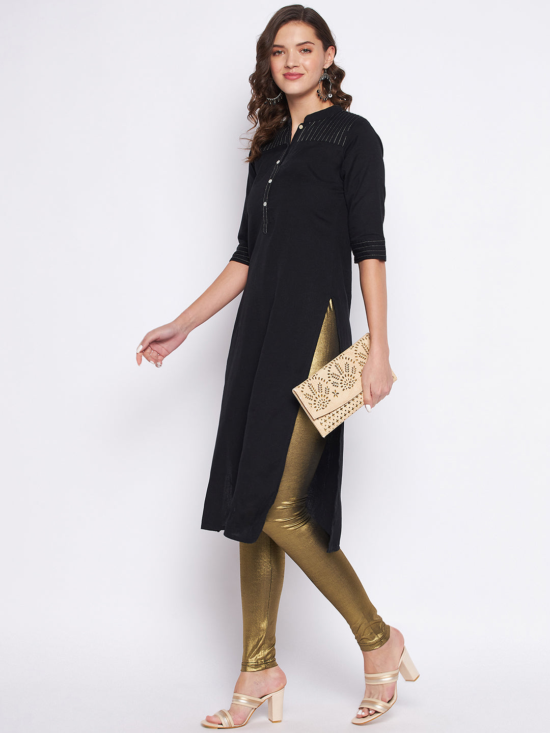 Clora Dark Golden Solid Shimmer Ankle Length Leggings Clora Creation