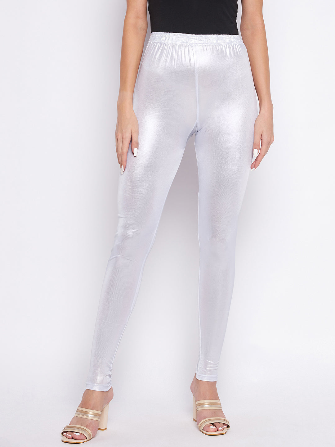 Clora Silver Solid Shimmer Ankle Length Leggings