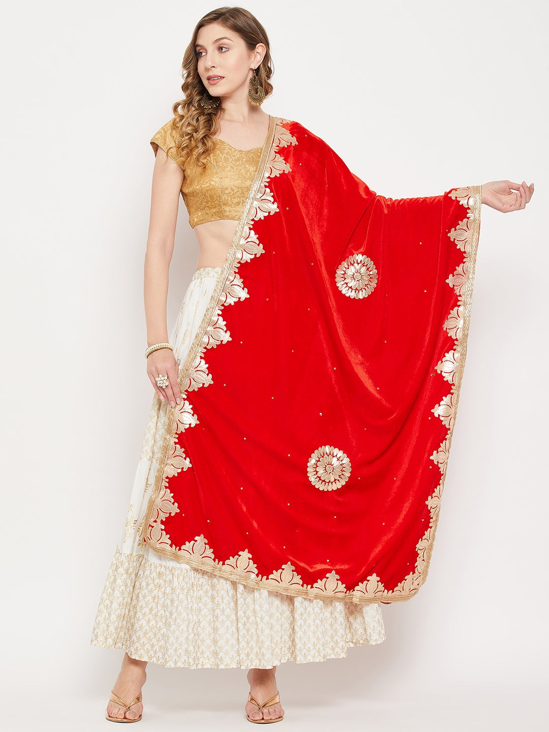 Red Gotta Patti Velvet Dupatta with intricate design and ethnic flair.