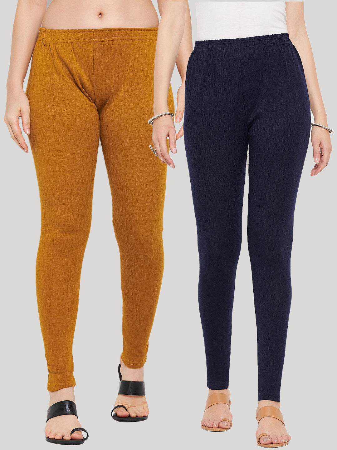 Clora Mustard & Navy Blue Solid Woolen Leggings (Pack Of 2)