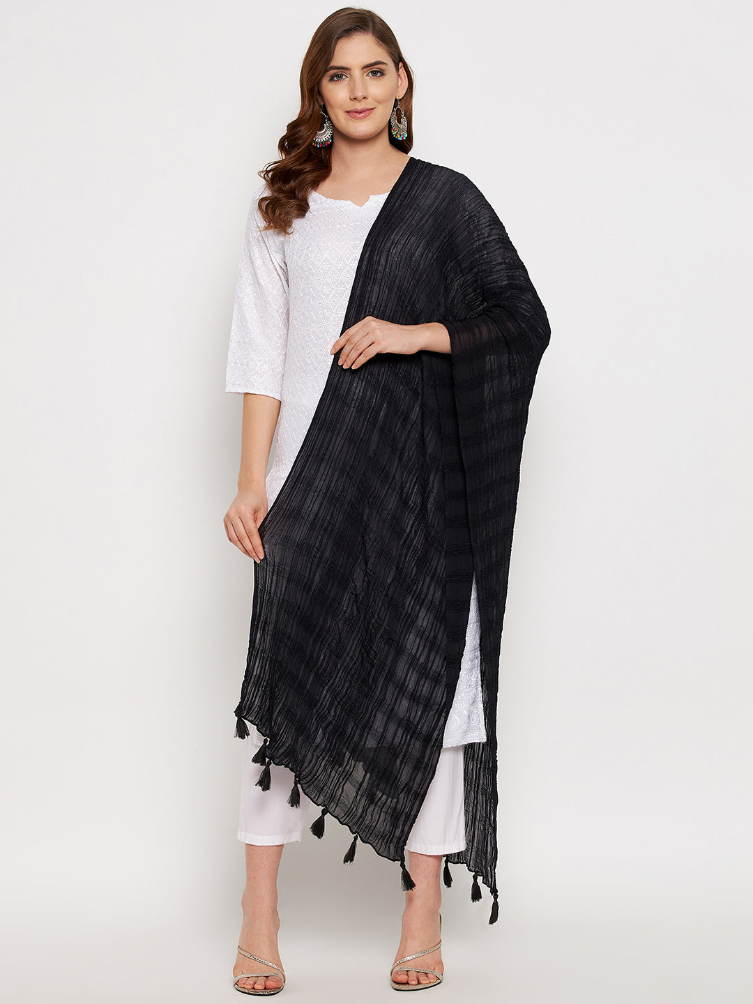 Clora Black Crinkled Solid Dupatta