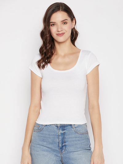 White solid regular fit crop top with round neck and cap sleeves.