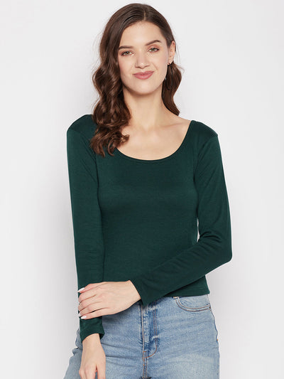 Clora Bottle Green Solid Full Sleeves Crop Top