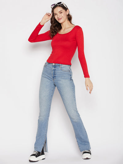 Red solid full sleeves crop top, round neck, casual wear.