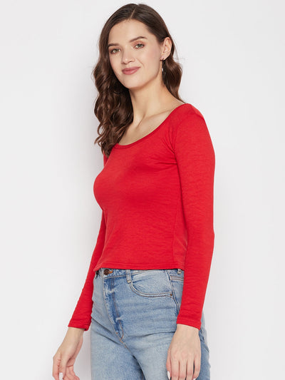 Red solid full sleeves crop top with round neck and casual wear design.