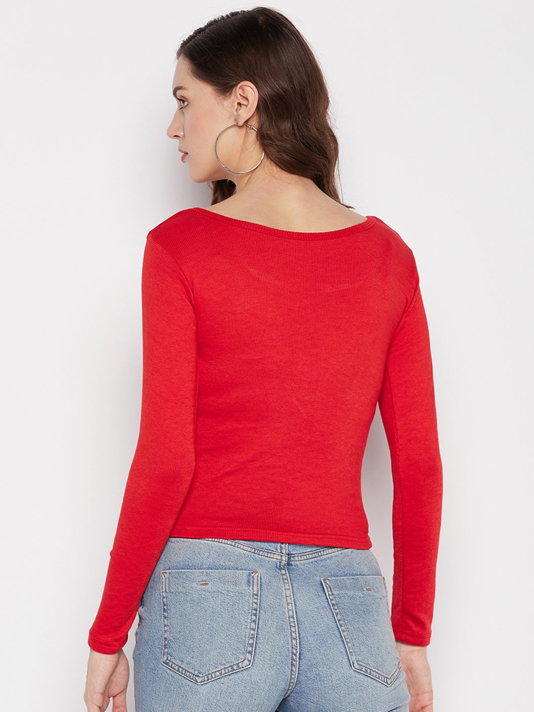 Red solid full sleeves crop top with round neck, casual wear.