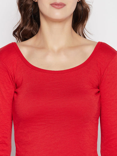 Red solid full sleeves knitted crop top with round neck, casual wear.