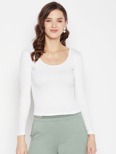 White solid full sleeves crop top with round neck and casual fit.