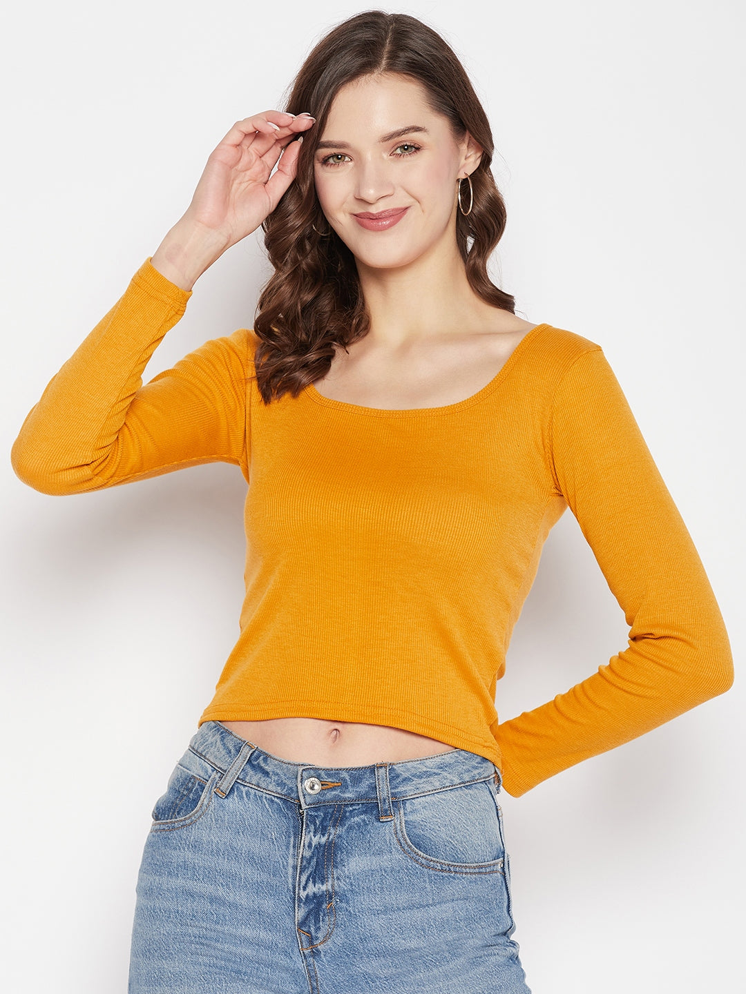 Clora Mustard Solid Full Sleeves Crop Top