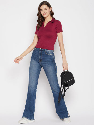 Maroon solid shirt collar crop top with cap sleeves.