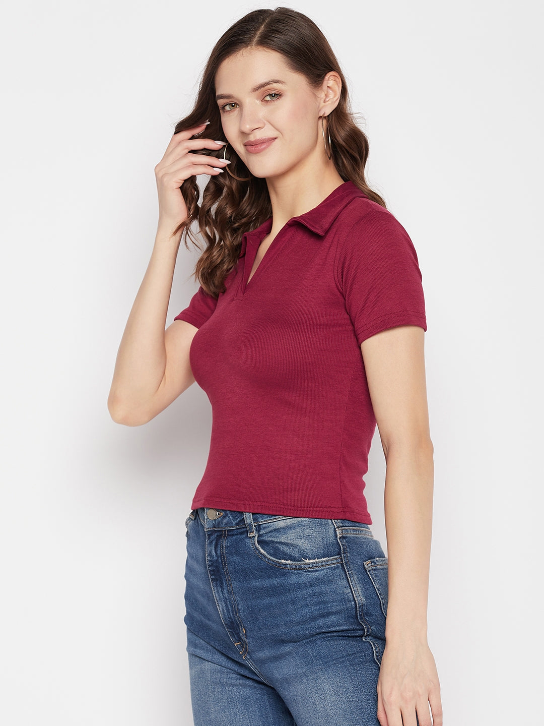 Maroon solid shirt collar crop top with cap sleeves, casual wear.