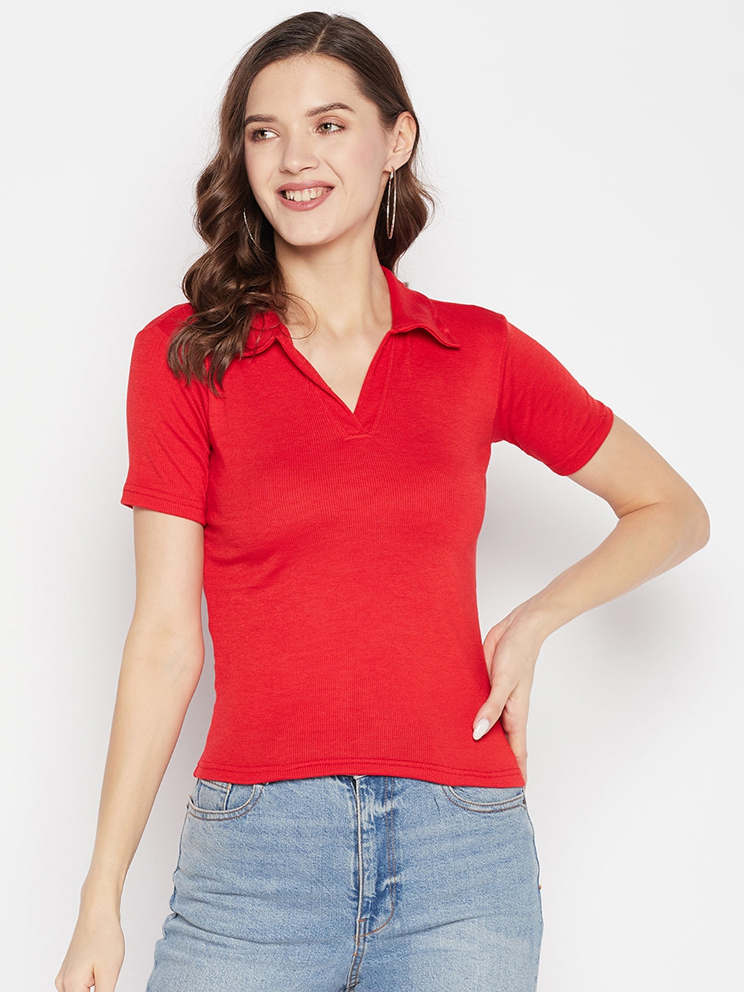 Red solid shirt collar crop top with cap sleeves, ideal for casual wear.