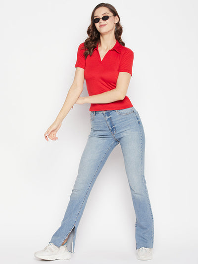 Red solid shirt collar crop top with cap sleeves and knitted texture, casual wear.