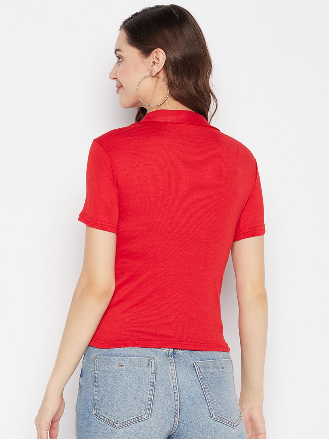 Red solid shirt collar crop top with cap sleeves, casual wear.