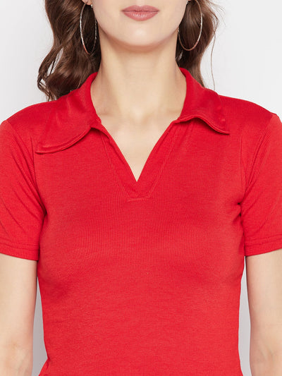 Red solid shirt collar crop top with cap sleeves.