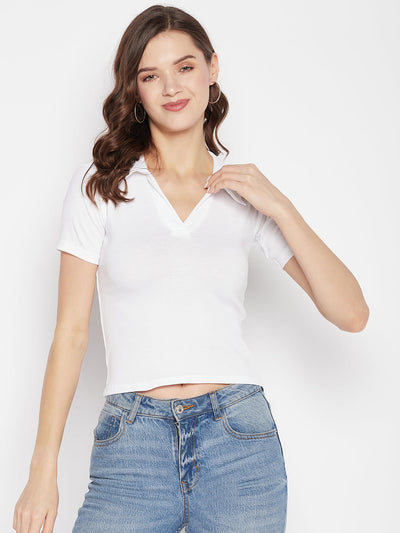 White solid shirt collar crop top with cap sleeves.