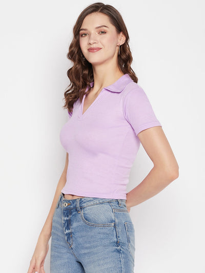 Mauve solid shirt collar crop top with cap sleeves.