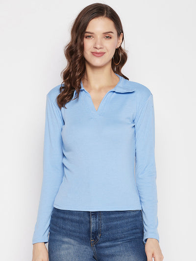 Sky Blue Solid Full Sleeves Crop Top with shirt collar, casual wear.