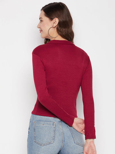 Maroon solid full sleeves crop top with shirt collar, casual wear.