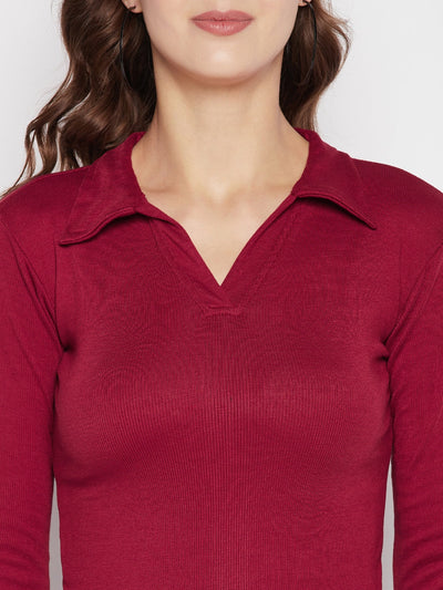 Maroon solid full sleeves crop top with shirt collar.