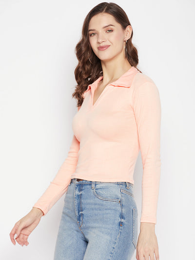 Peach solid full sleeves crop top with collar neck, casual wear.