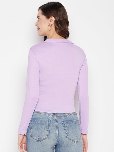 Mauve solid full sleeves crop top with collar neck, casual wear.