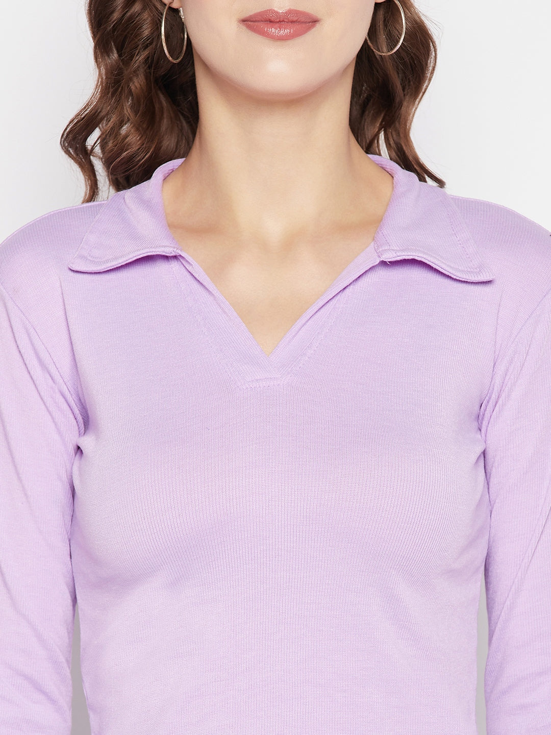 Mauve solid full sleeves crop top with collar neck and casual design.