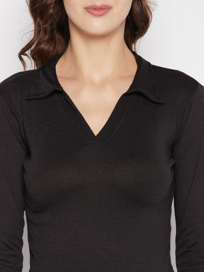 Clora Black Solid Full Sleeves Crop Top