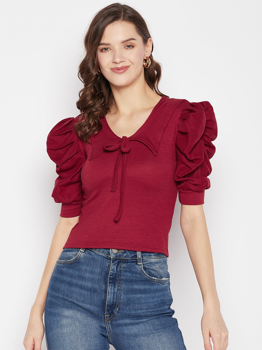 Maroon solid puff sleeves crop top with tie knot collar.