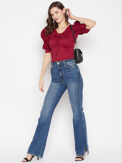 Maroon solid puff sleeves crop top with tie knot collar and casual design.