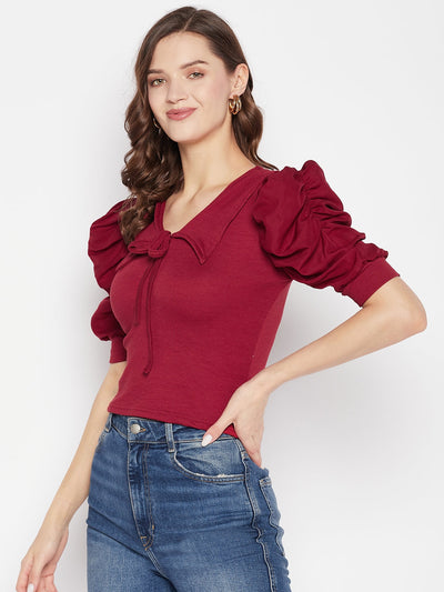 Maroon solid puff sleeves crop top with tie knot collar.