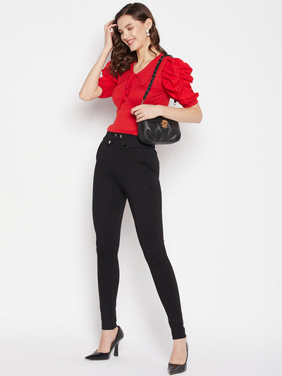 Red solid puff sleeves crop top with tie knot collar, casual wear.