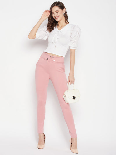 White solid puff sleeves crop top with tie knot collar.