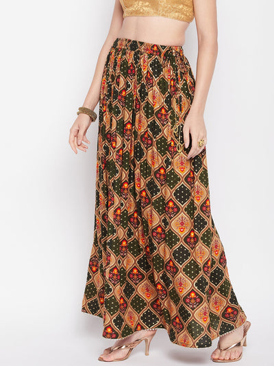 Clora Bottle Green Printed Rayon Maxi Skirt