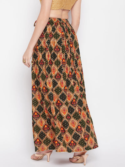 Clora Bottle Green Printed Rayon Maxi Skirt