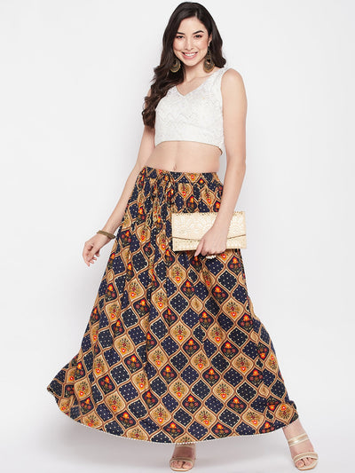 Navy blue printed rayon maxi skirt with geometric foil print and flared hem.