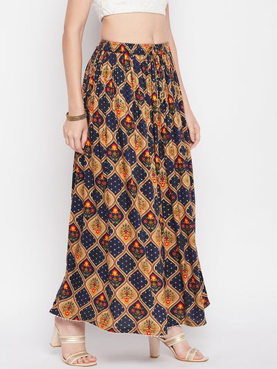 Navy blue printed rayon maxi skirt with geometric foil design and elasticated waistband.