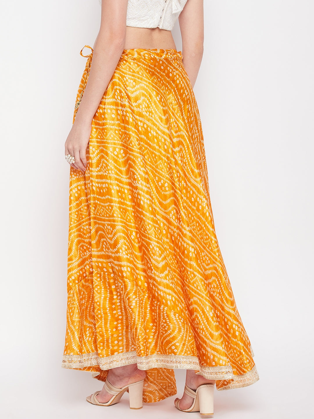 Clora Mustard Tie & Dye Bandhani Printed Chinon Skirt