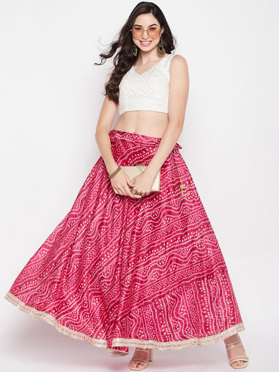 Clora Magenta Tie & Dye Bandhani Printed Chinon Skirt