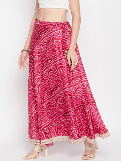 Clora Magenta Tie & Dye Bandhani Printed Chinon Skirt