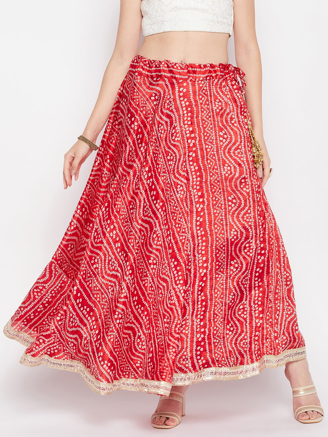 Red Tie & Dye Bandhani Printed Chinon Skirt with drawstring closure and gotta work detailing.