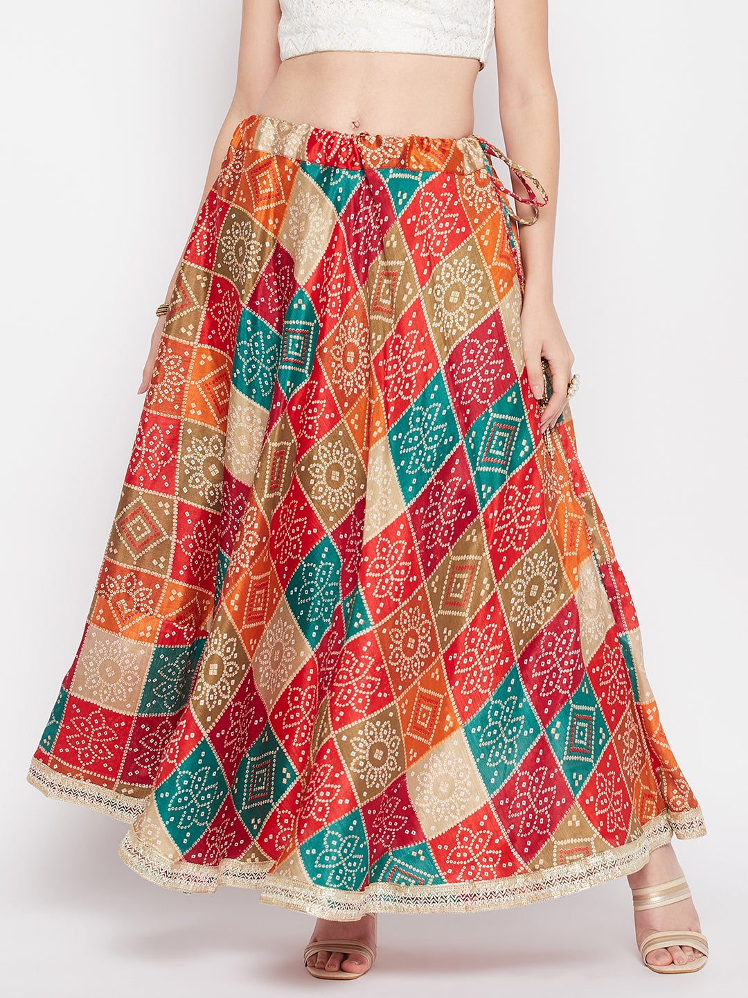 Multicoloured tie and dye Bandhani printed Chinon skirt with gotta work detailing.