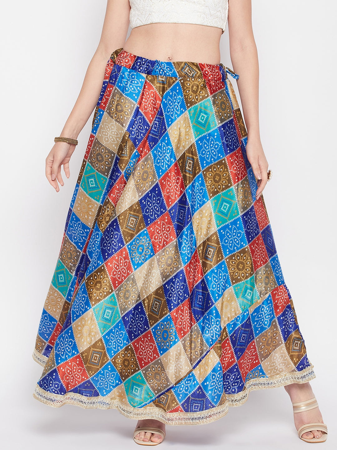 Clora Multicoloured Tie & Dye Bandhani Printed Chinon Skirt