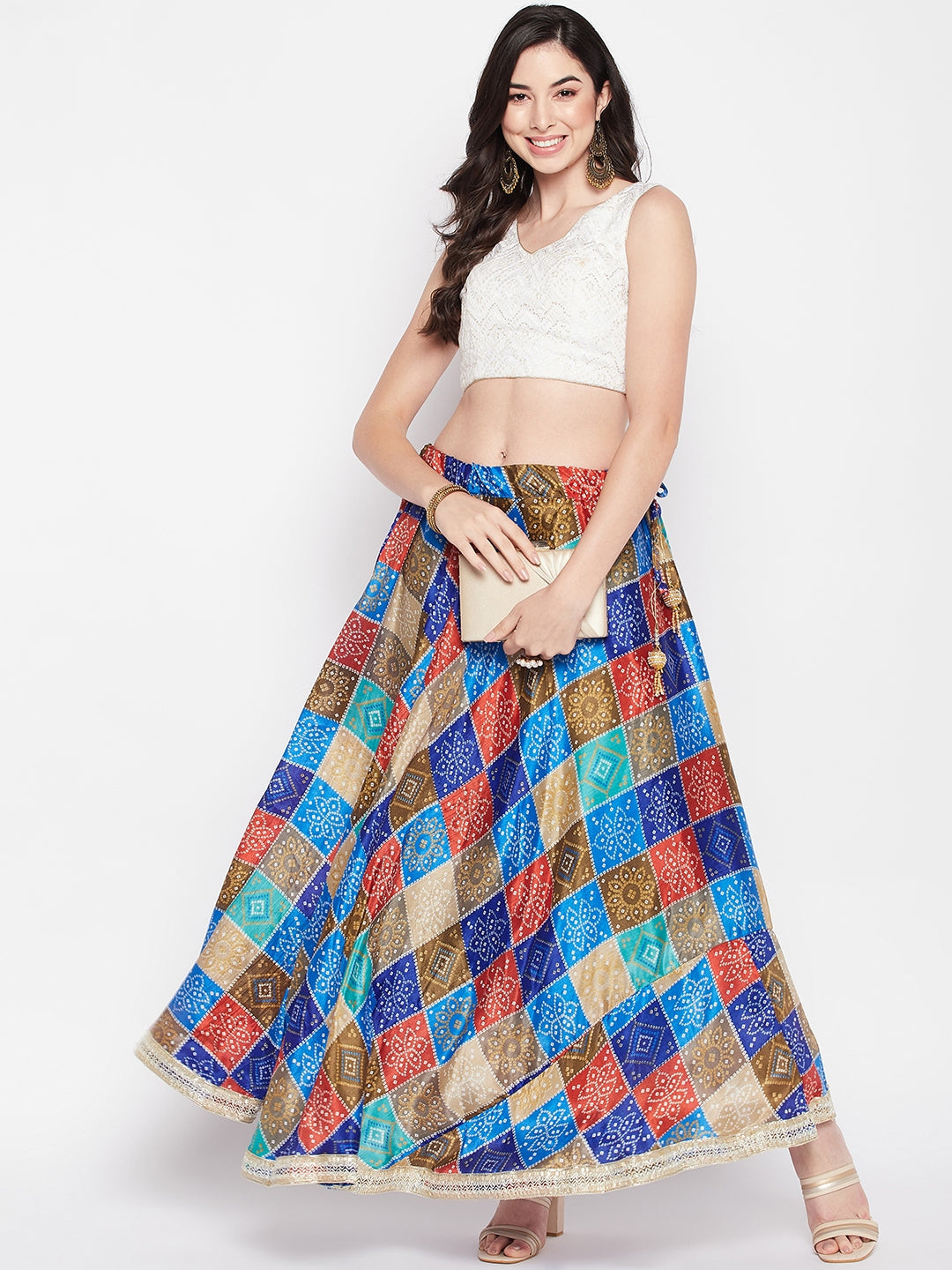 Multicoloured tie & dye bandhani printed chinon skirt with drawstring closure and gotta work detailing.