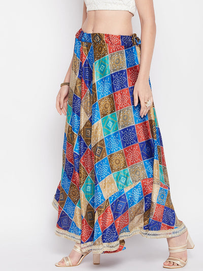 Multicoloured Tie & Dye Bandhani Printed Chinon Skirt with drawstring closure and gotta work detailing.