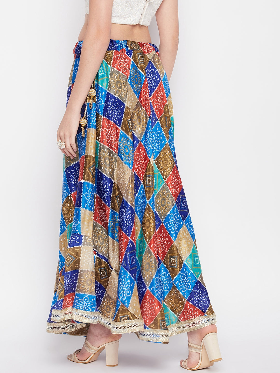 Multicoloured tie & dye bandhani printed chinon skirt with drawstring closure and gota work detailing.