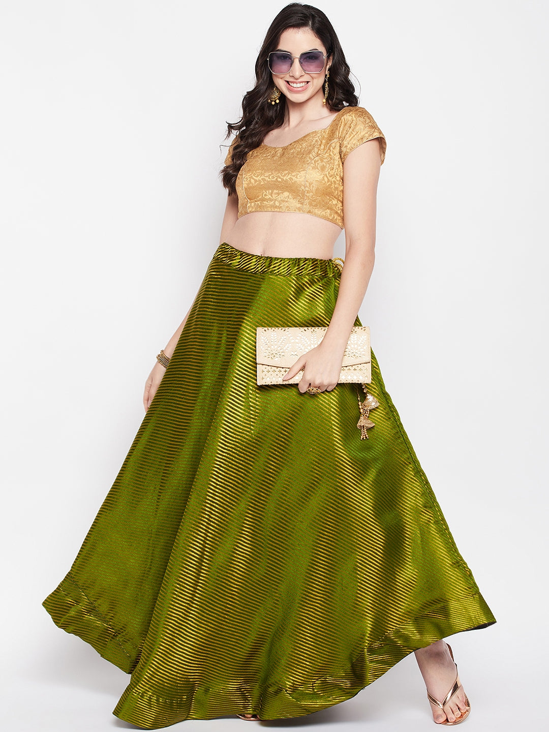 Olive striped brocade flared skirt with drawstring and lining.