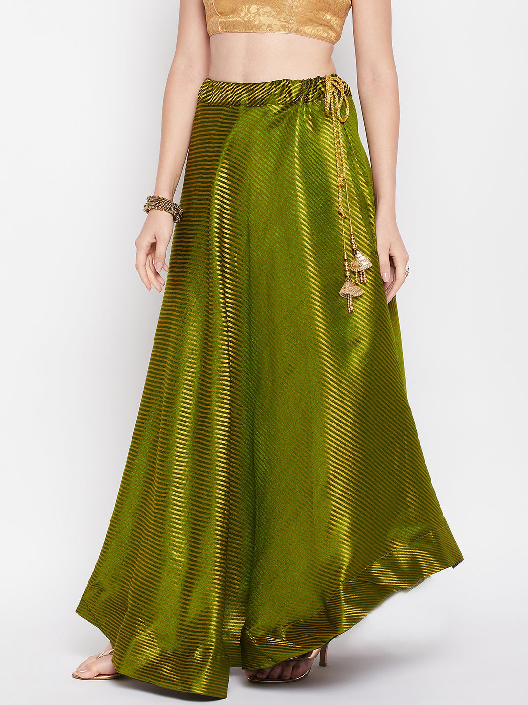 Olive striped brocade flared skirt with drawstring closure and lined hem.